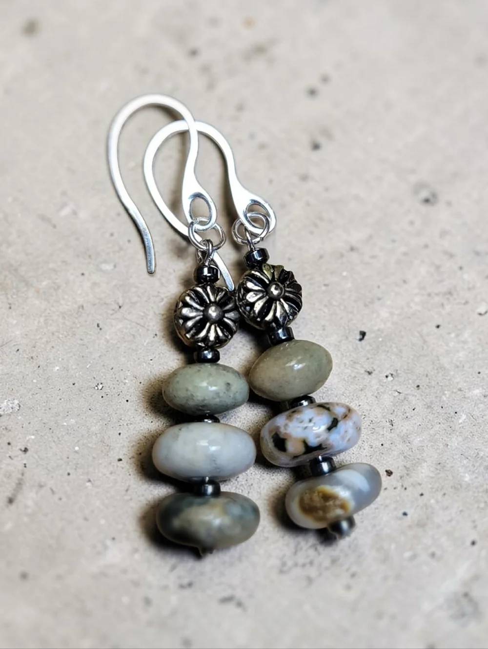 Handmade Opal Dangle Earrings Silver Tone Boho Earthy Beaded Drop